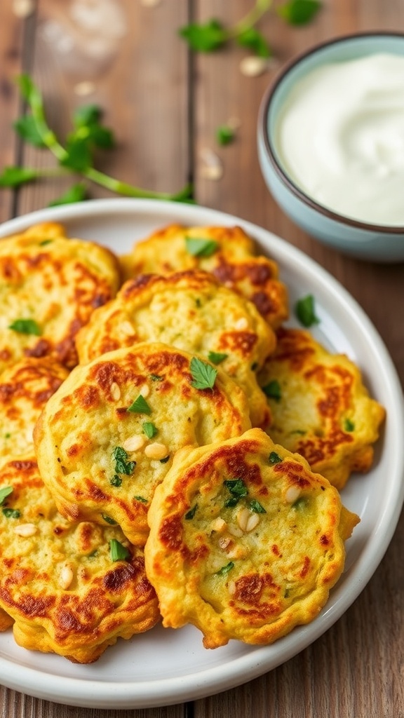 Crispy oat and zucchini fritters served with yogurt dip on a rustic table.